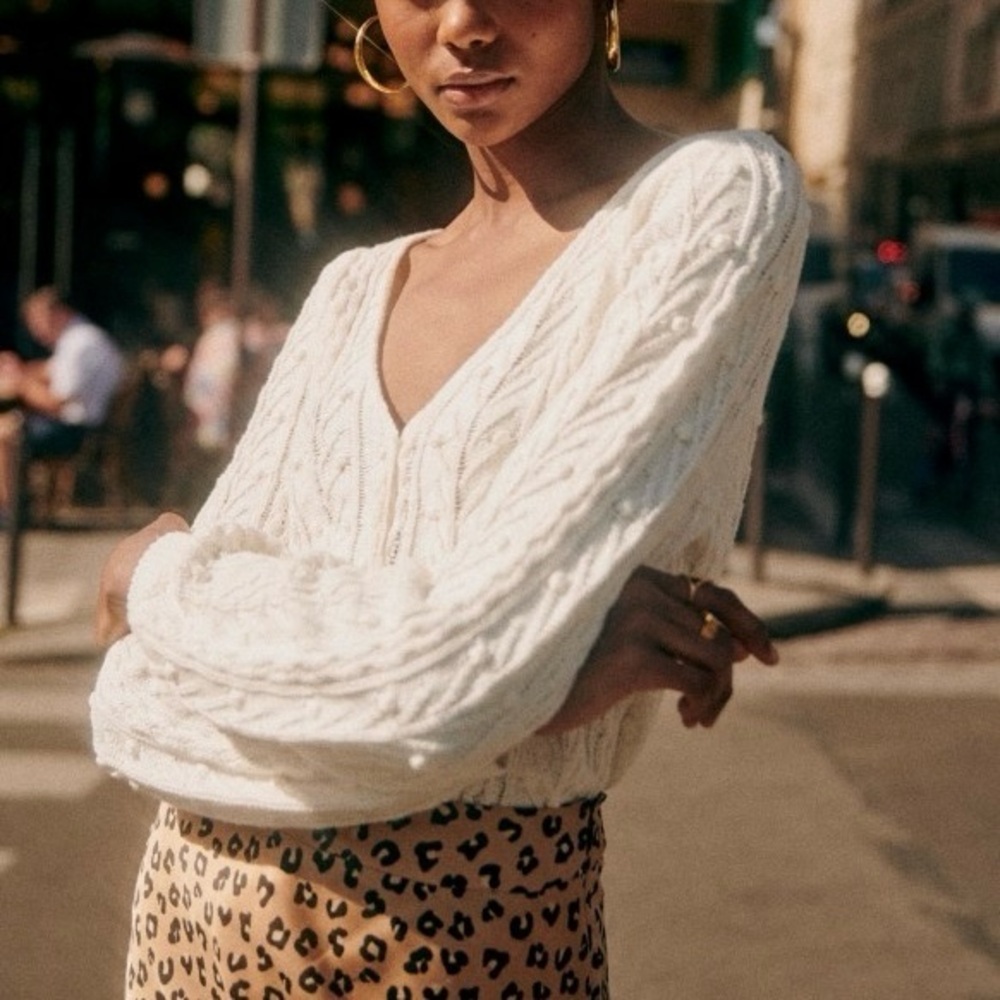 Sezane Beryl White Ecru Cardigan Sweater Cotton Knit